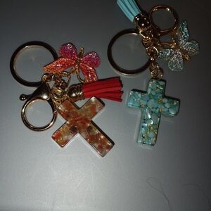 2 Piece Cross Keychains with Tassel and Butterfly Charms